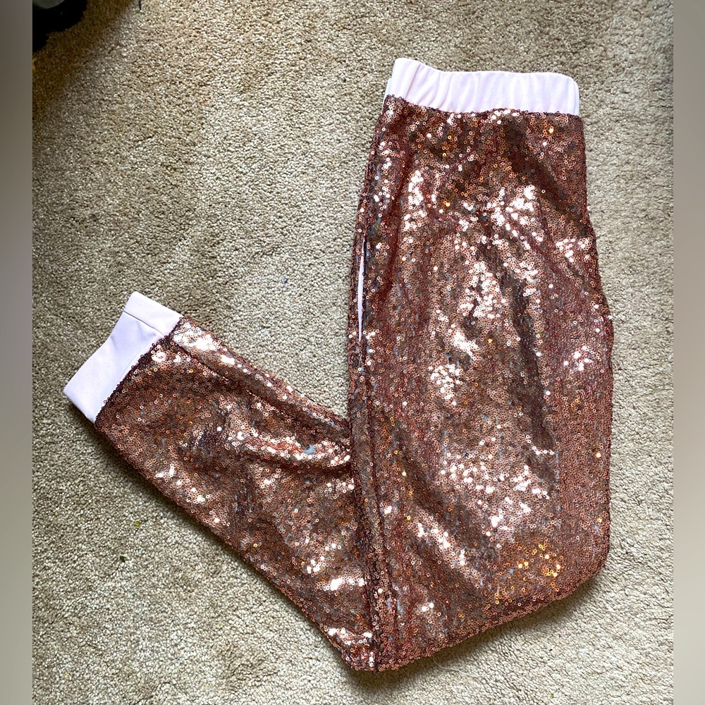 Rose gold sequin and pink joggers